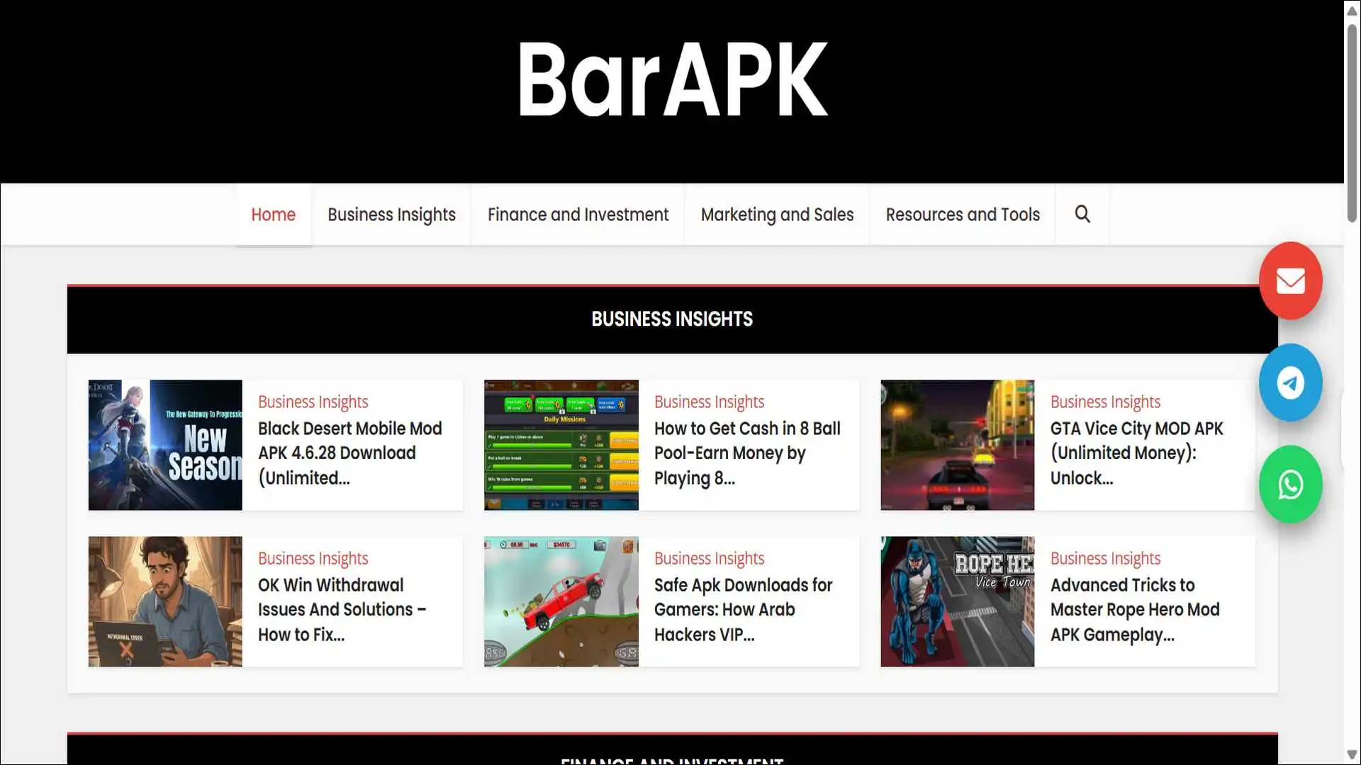 barapk.org homepage showing mixed APK and blog content