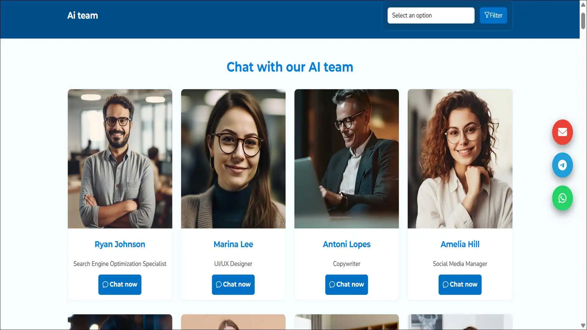 RedeepSeek com specialist picker showing categories including SEO Analyst, Copywriter, UI Designer, and Cybersecurity Expert.