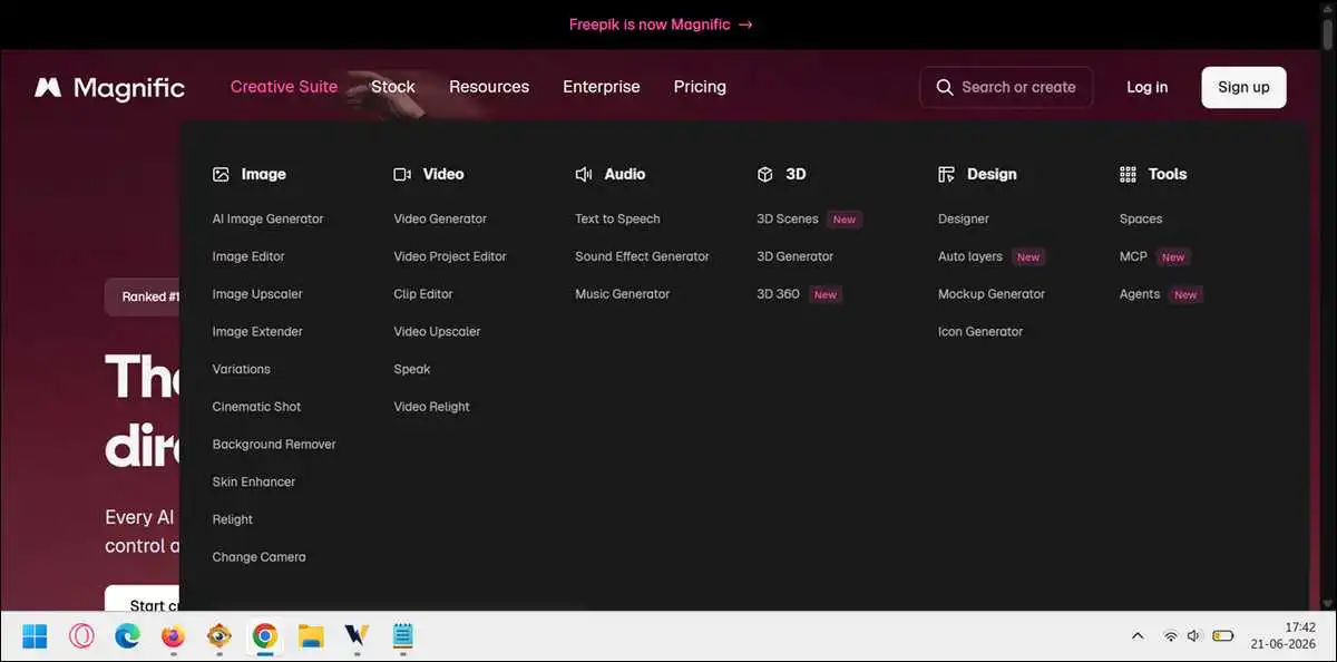 A clean screenshot of the Magnific homepage hero with tool icons and asset examples