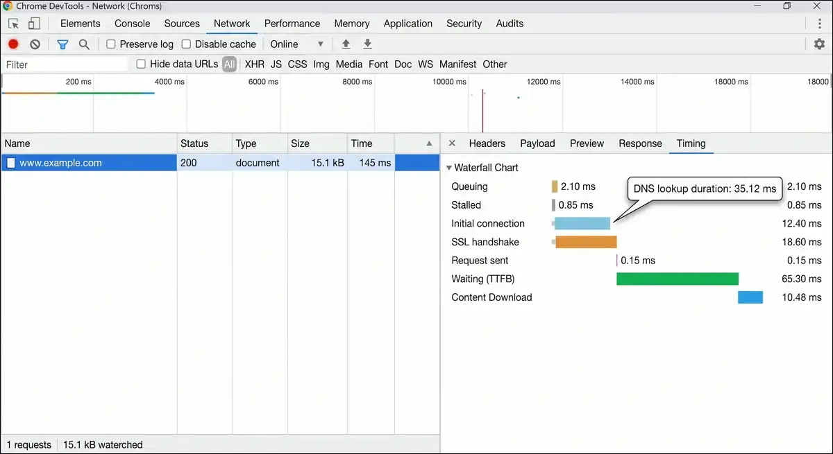 Chrome DevTools Network timing panel showing the DNS lookup duration for a single request.