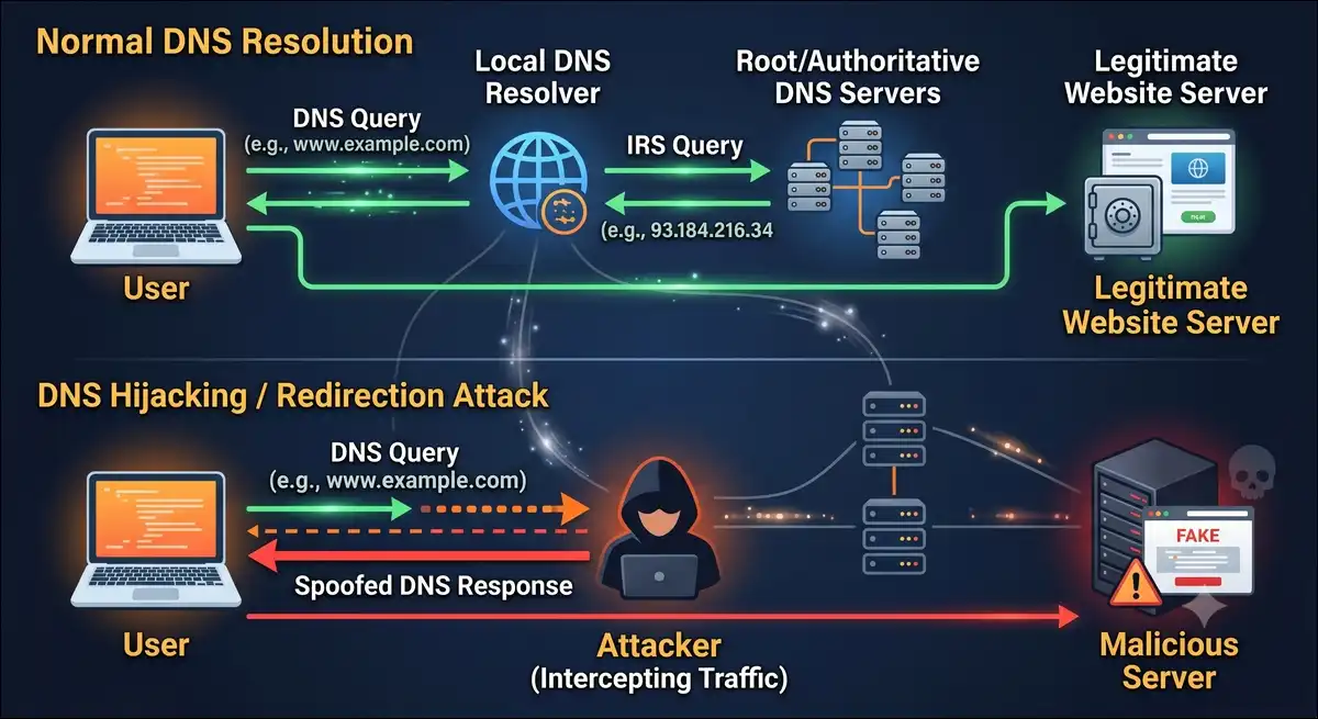DNS hijacking concept showing user queries being intercepted and redirected to a malicious server