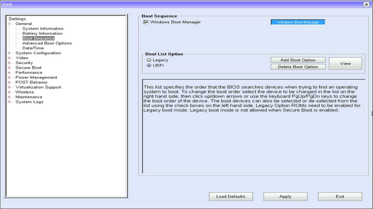 Screenshot of Dell BIOS showing Boot Mode being switched from Legacy to UEFI