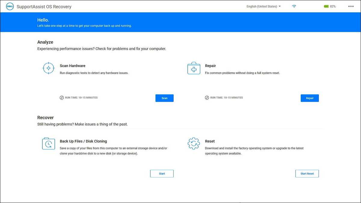 Screenshot of the Dell SupportAssist OS Recovery home screen showing the Repair Software tile