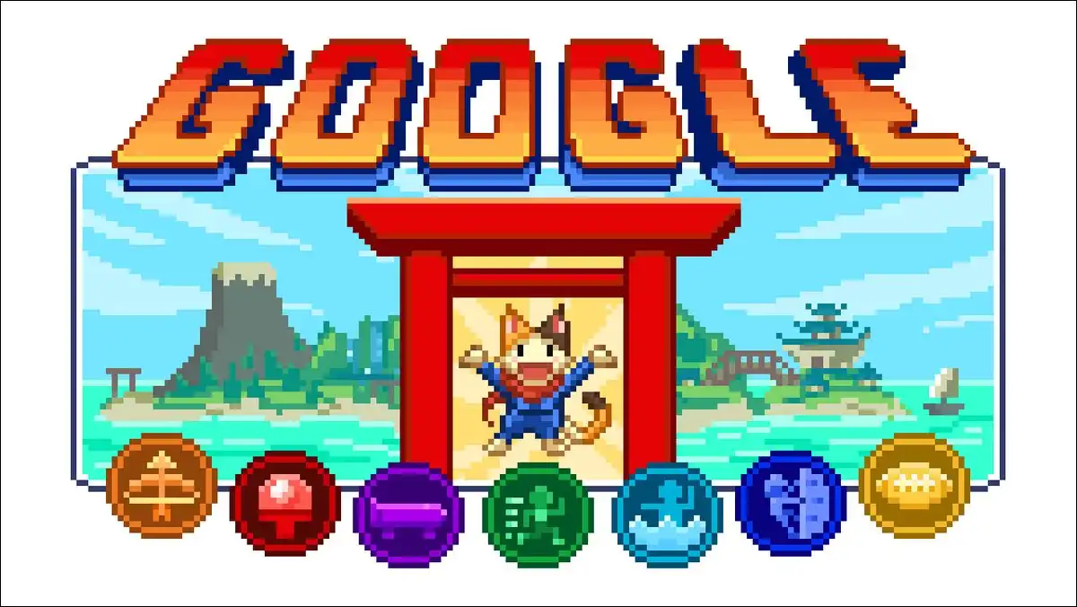 Doodle Champion Island Games world map featuring Lucky the calico cat athlete.