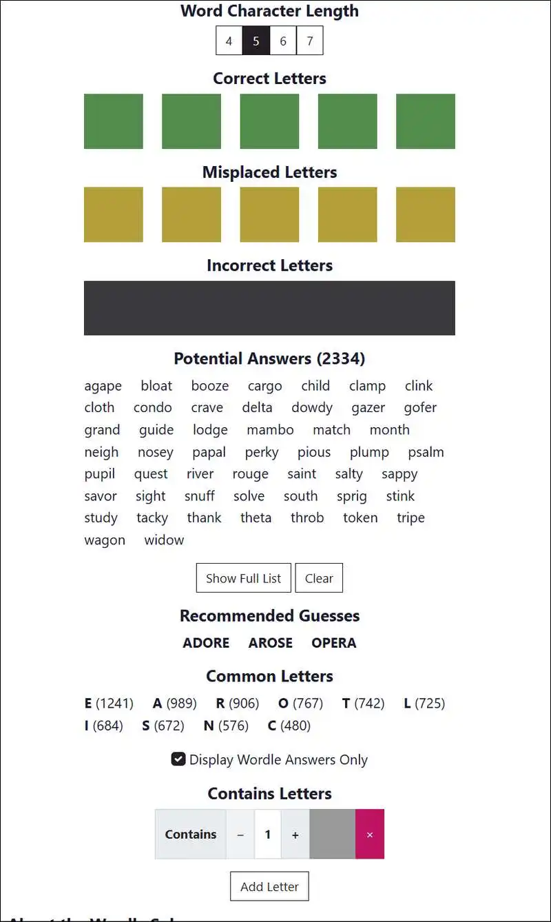 Example of Try Hard Guides Wordle Solver with sample green, yellow, and gray inputs filled and the resulting list of possible words shown.