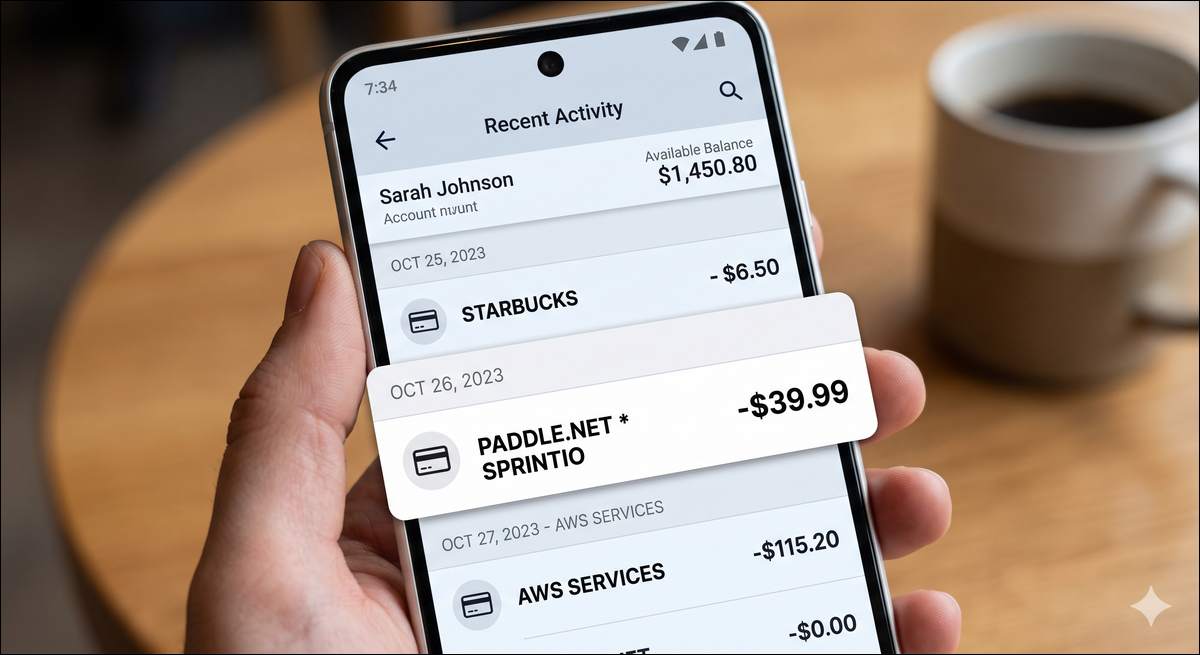 Example of a mobile banking statement showing a typical Paddle.net charge with date, amount, and descriptor clearly visible.