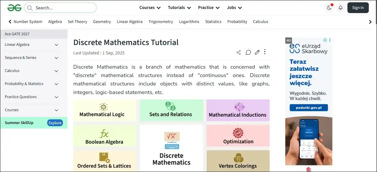 Screenshot of the GeeksforGeeks Discrete Mathematics tutorial hub page showing topic cards and last updated date of September 2025.