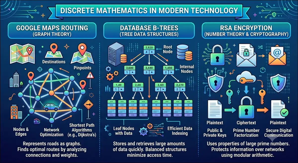 Infographic showing discrete math applications in Google Maps routing, database B trees, and RSA encryption with simple icons.