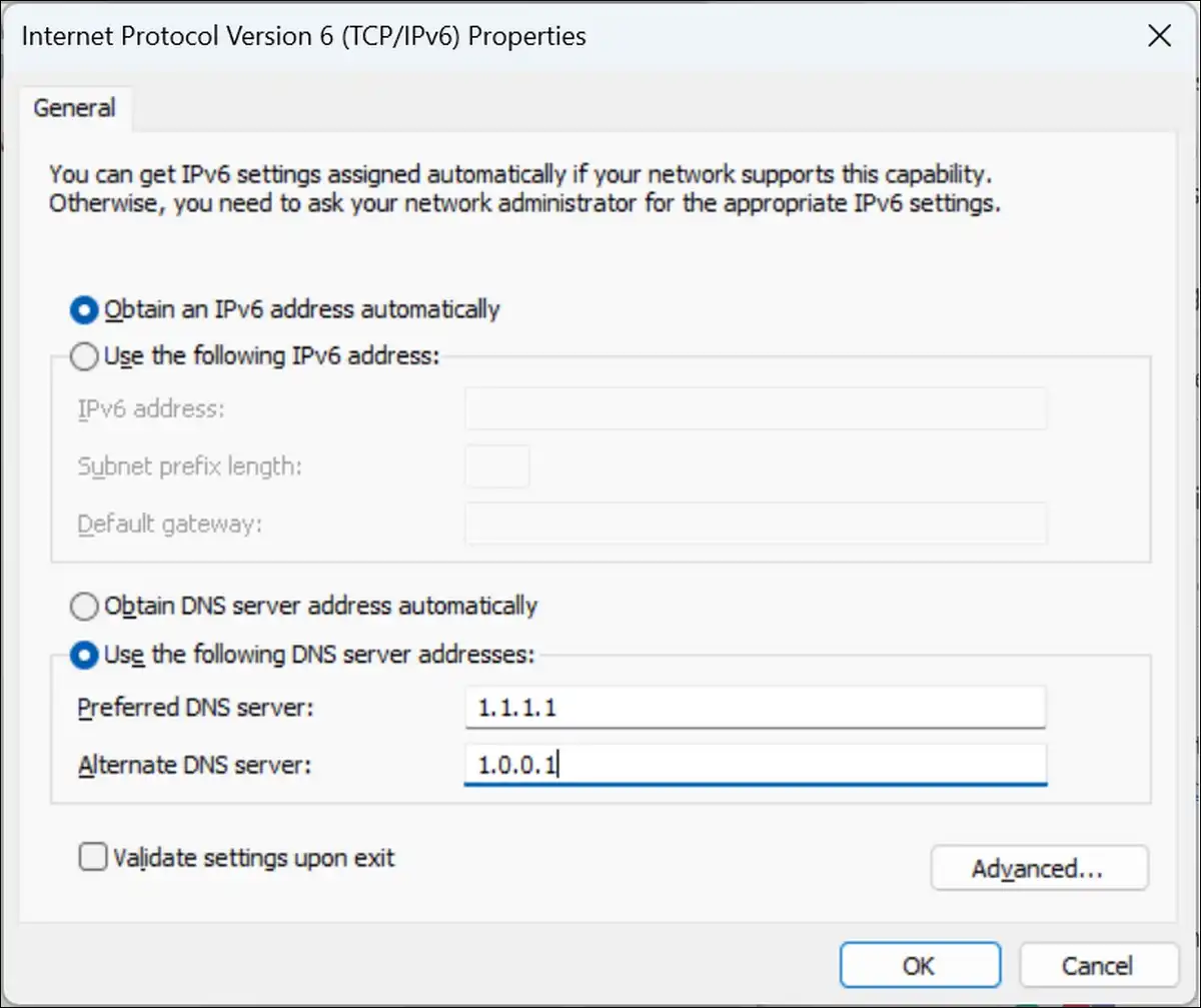 A clean settings screenshot showing DNS server fields filled with 1.1.1.1 and 1.0.0.1