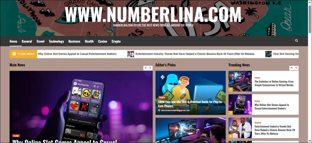 Numberlina.com homepage from June 2026 showing Casino, Crypto, and Technology categories with featured articles on slots and TRON fees
