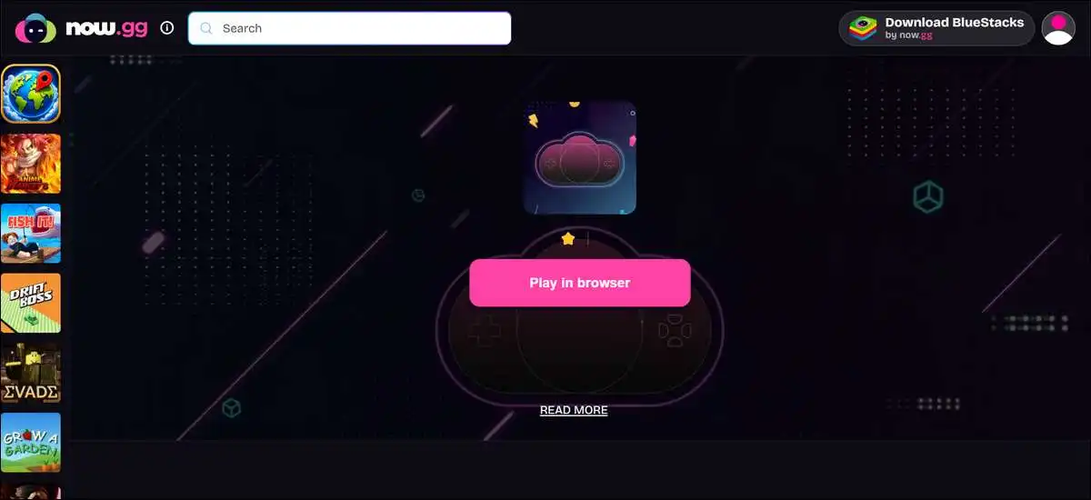 Screenshot of the now.gg Roblox page showing the Play in Browser button on a laptop screen