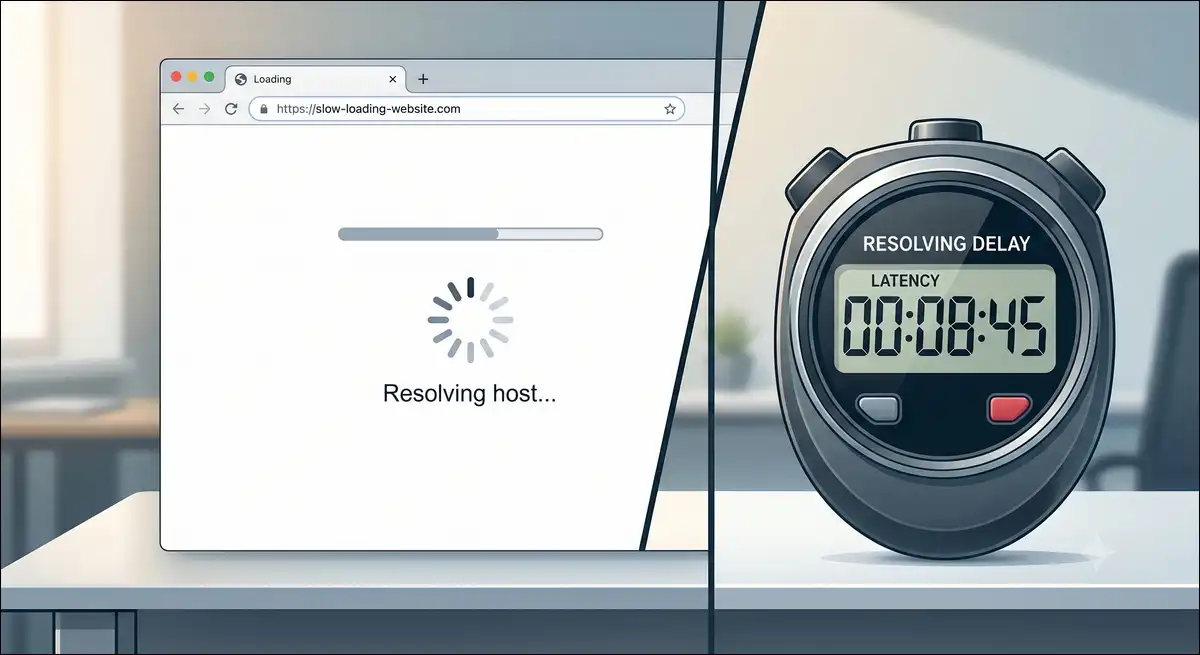 Slow DNS lookup shown as a browser resolving host delay next to a stopwatch measuring latency.