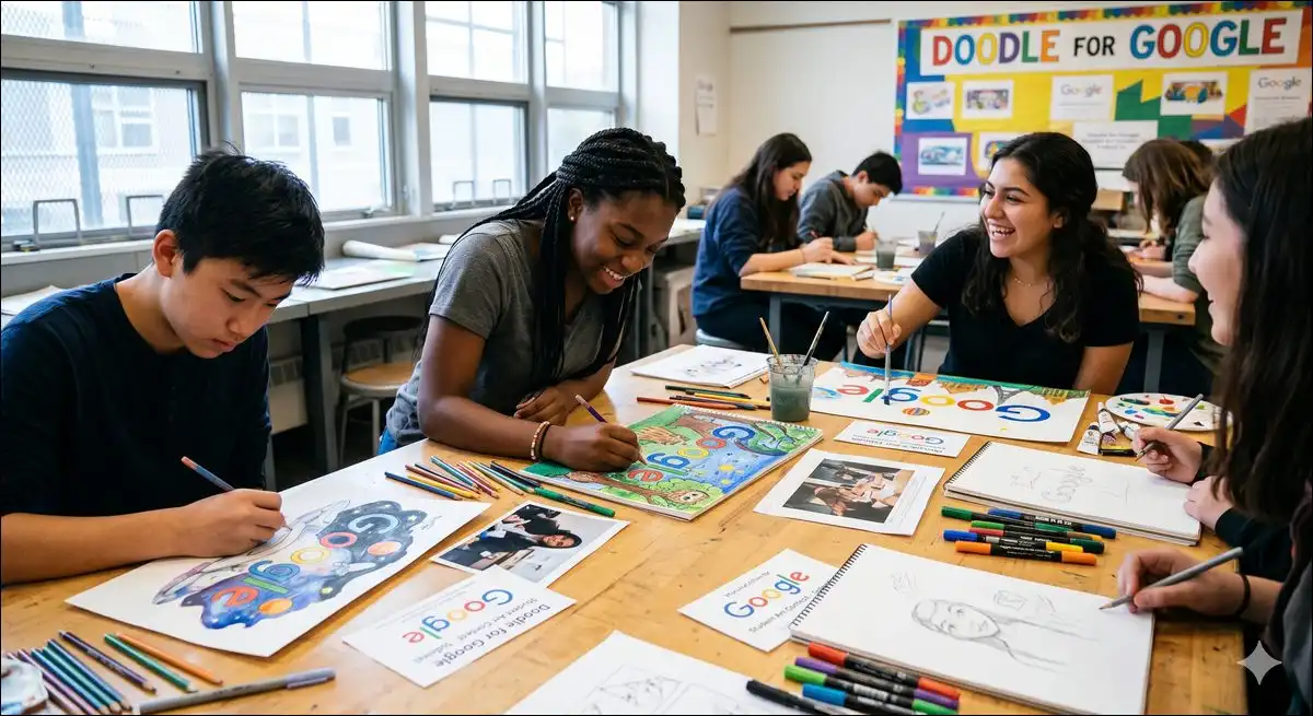 Students creating artwork for the Doodle for Google student art contest.