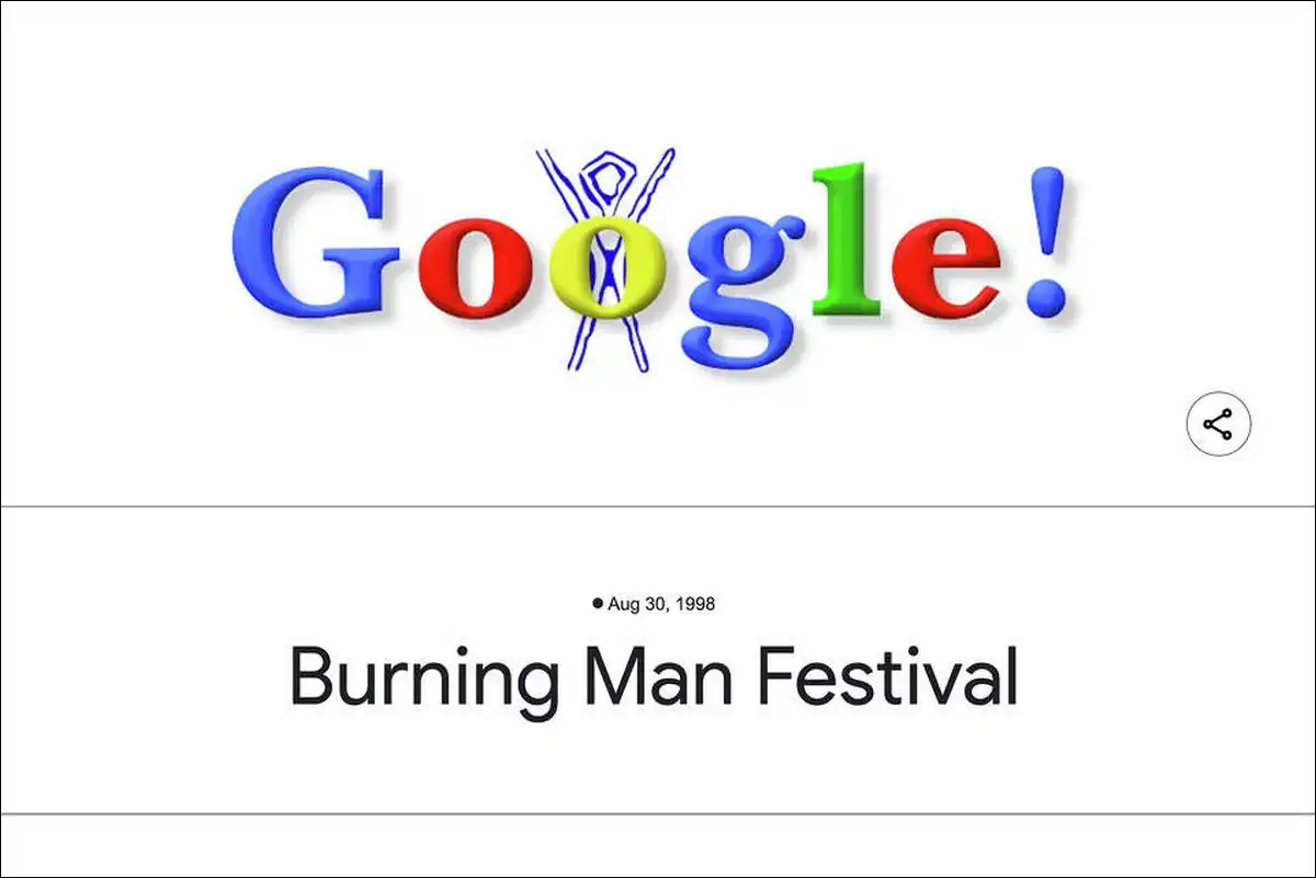 The first-ever Google Doodle from 1998 featuring a Burning Man stick figure.