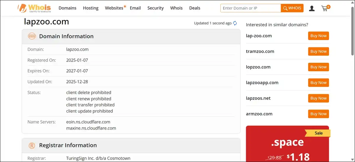 WHOIS record for lapzoo.com showing registration date of January 7, 2025, Cosmotown registrar, and privacy-protected owner details
