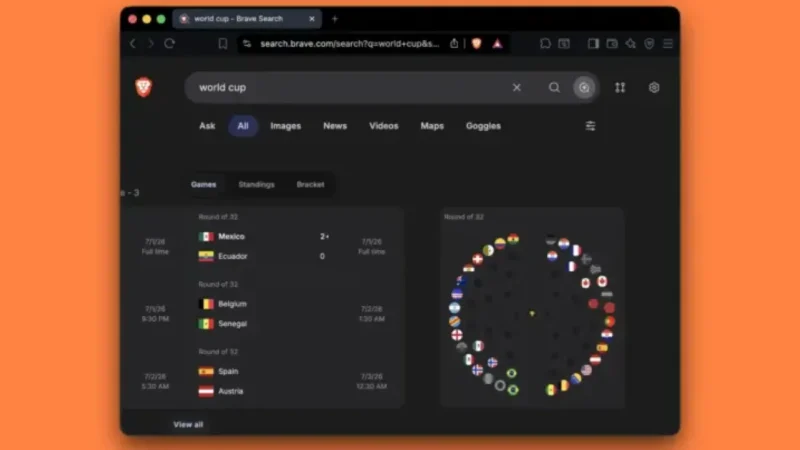 Brave Search Updates World Cup Widget With Hover Scores, Full Bracket View for Round of 32