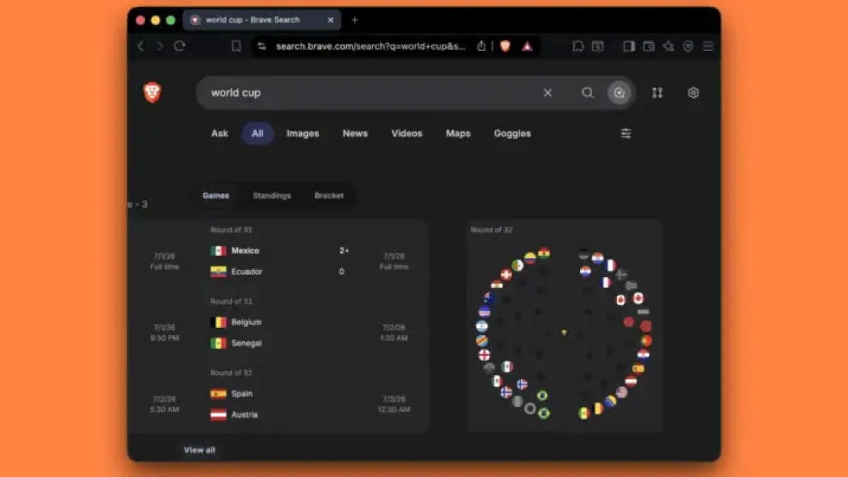 Brave Search Updates World Cup Widget With Hover Scores, Full Bracket View for Round of 32